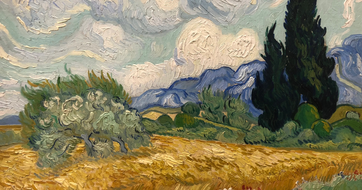 The painting titled 'Wheat Field with Cypresses' by Van Gogh